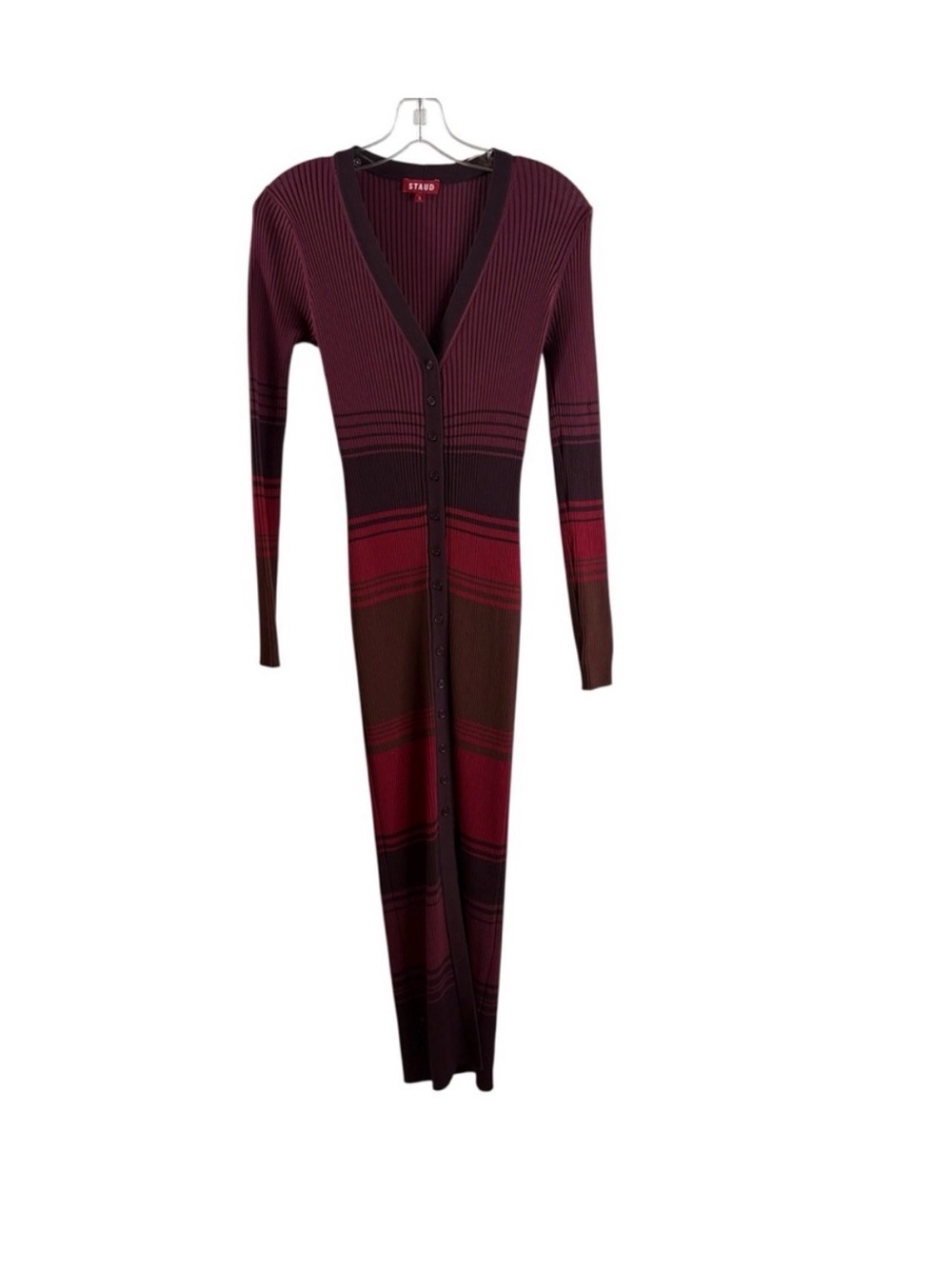 STAUD Striped Ribbed Button-Front Maxi Dress in Burgundy and Red - Picture 2 of 5